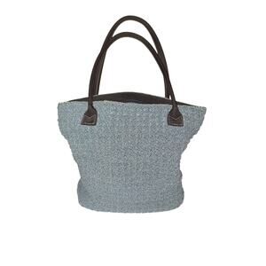 Blue Crocheted Purse With Black Handles Summer Feminine Tote Purse Shoulder Bag